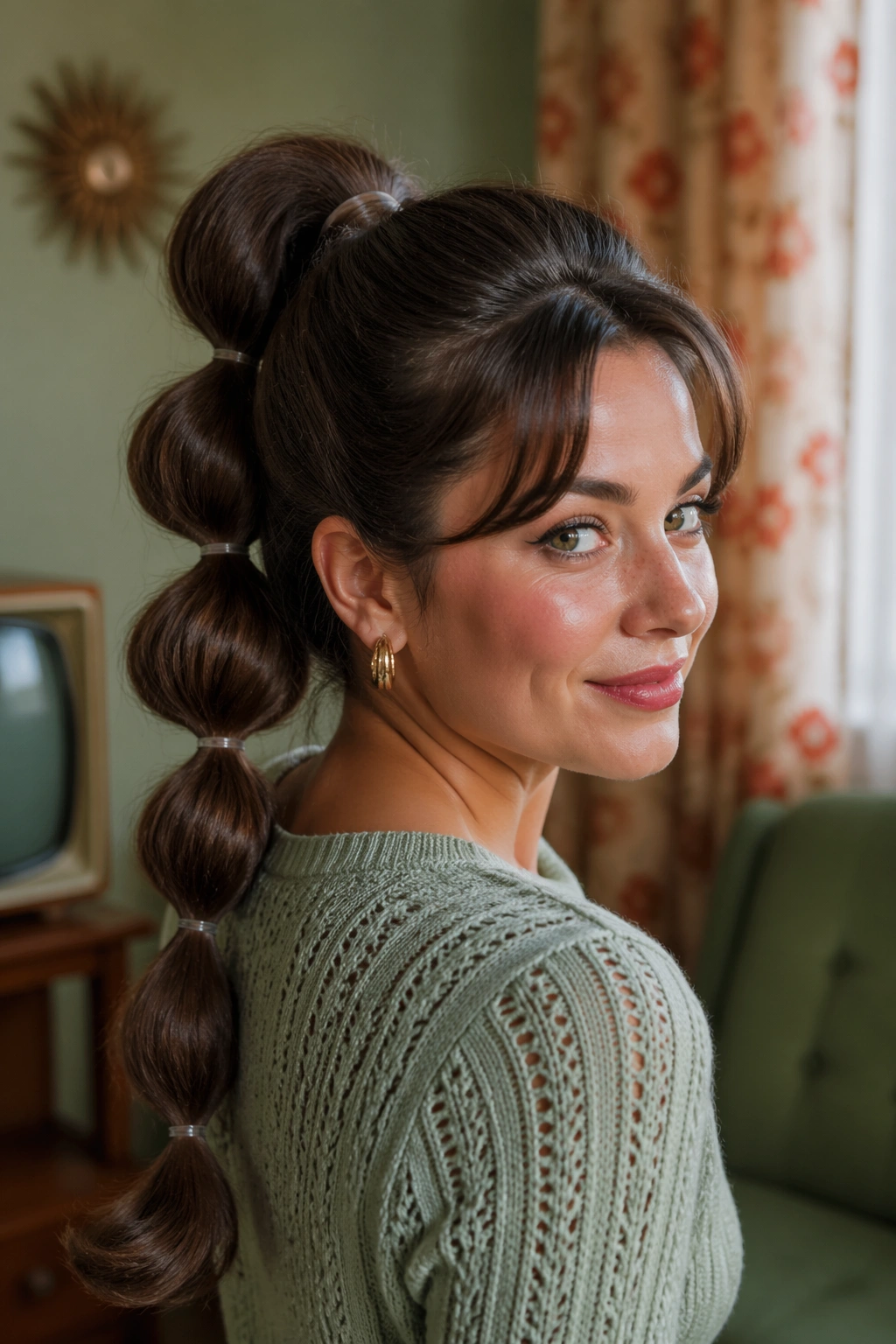 Real woman with bubble high ponytail showing segmented bubbles