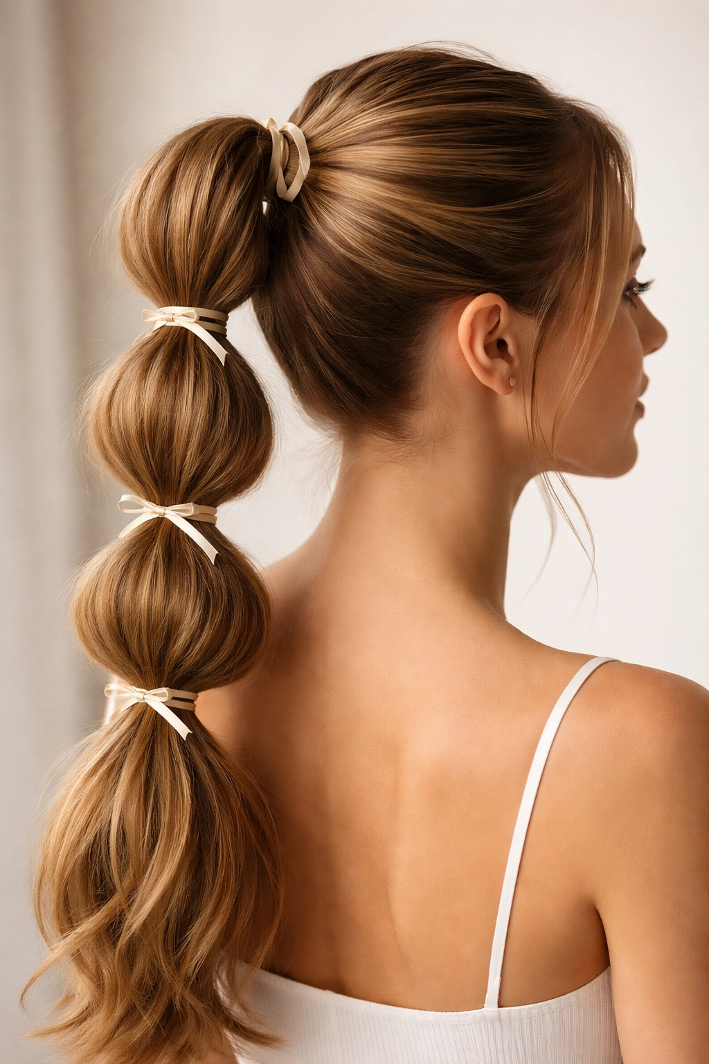 Close-up of a bubble ponytail with narrow ribbon bands forming evenly spaced bubbles