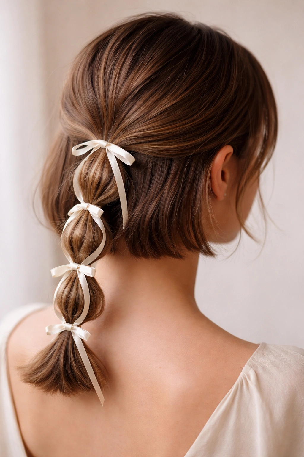 Close-up of a chin-length bob styled into a bubble ponytail with a satin ribbon woven through each bubble.