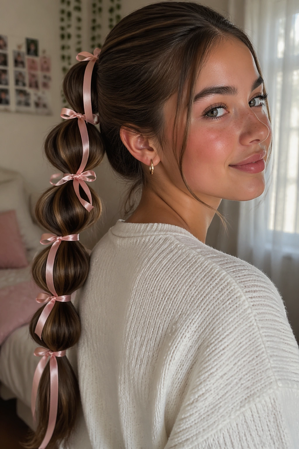 Close-up of a teen girl with a ribbon-tied bubble ponytail and satin ribbon in soft bedroom light