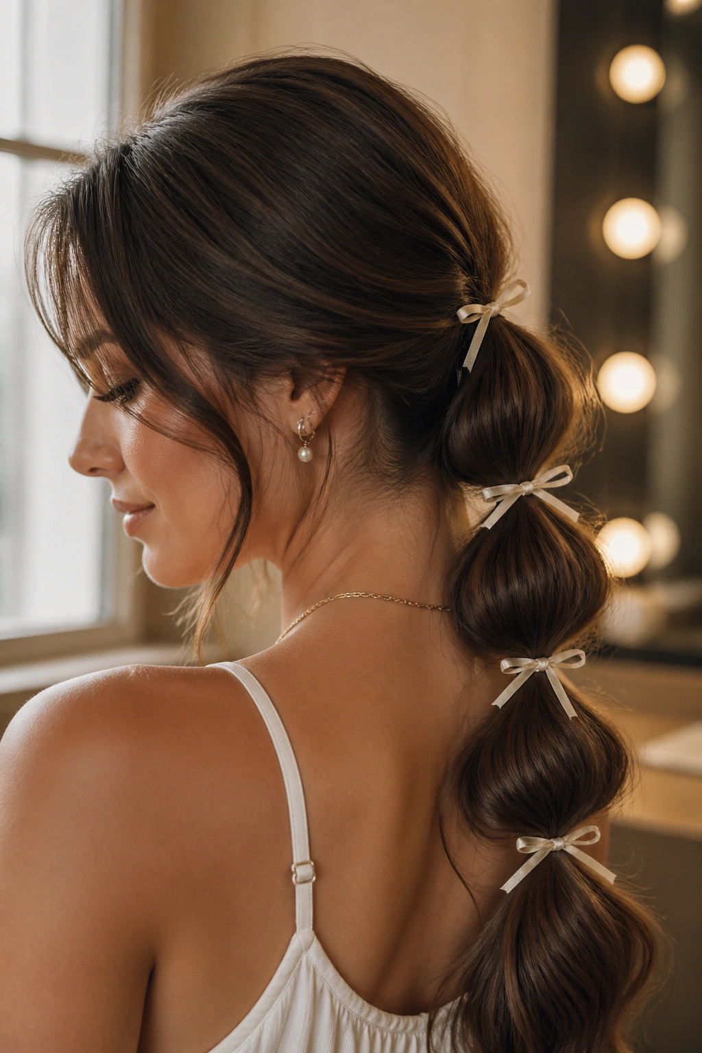 Real woman with a bubble ponytail and ribbon ties creating puffed sections.