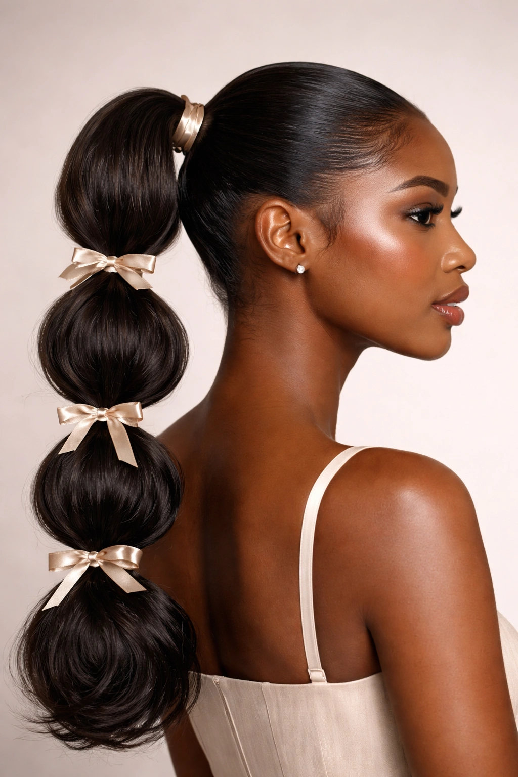 Bubble ponytail with evenly spaced sections and satin ties
