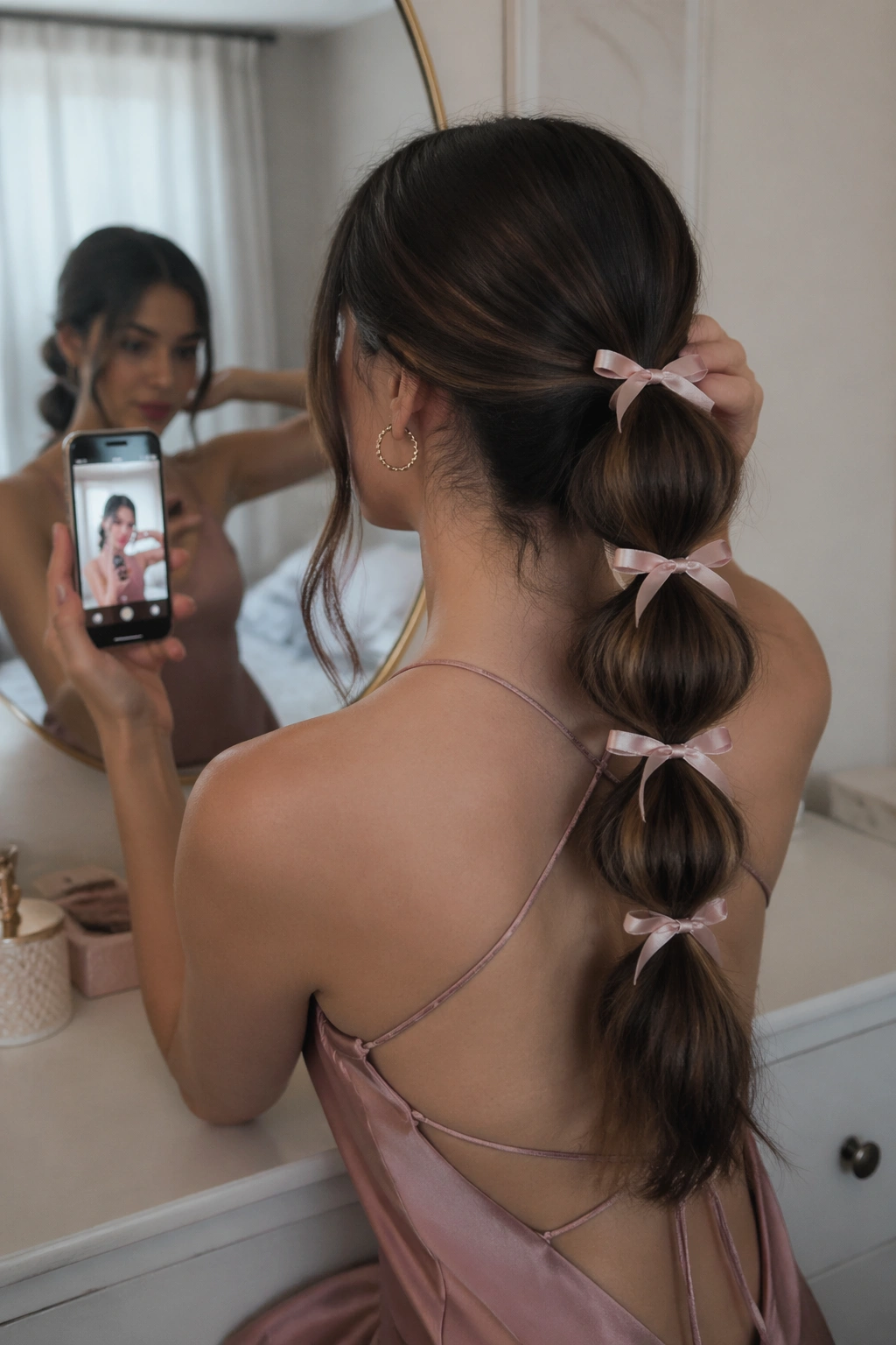 Bubble ponytail with satin ties in bedroom mirror
