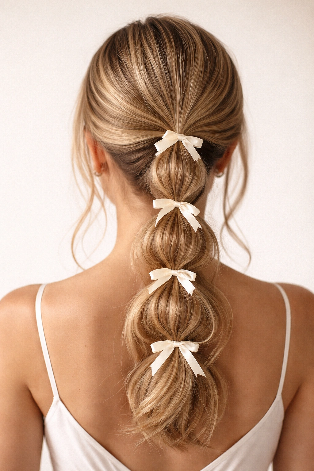 Bubble ponytail with satin mini-ties and evenly spaced bubbles