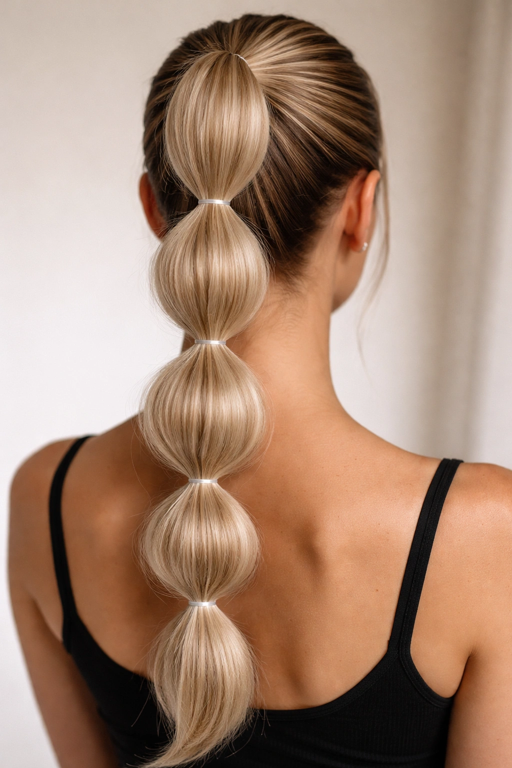 Back view of bubble ponytail with evenly puffed sections on a mannequin head