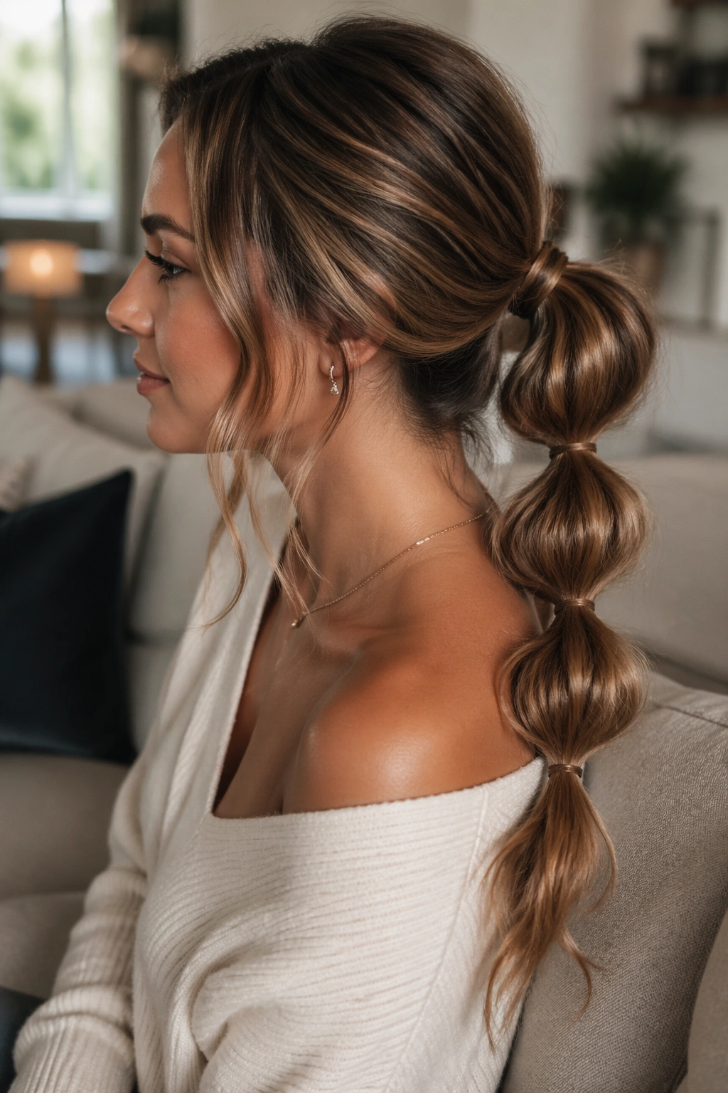 Close-up of a real woman with a bubble ponytail and polished sections under soft lighting.