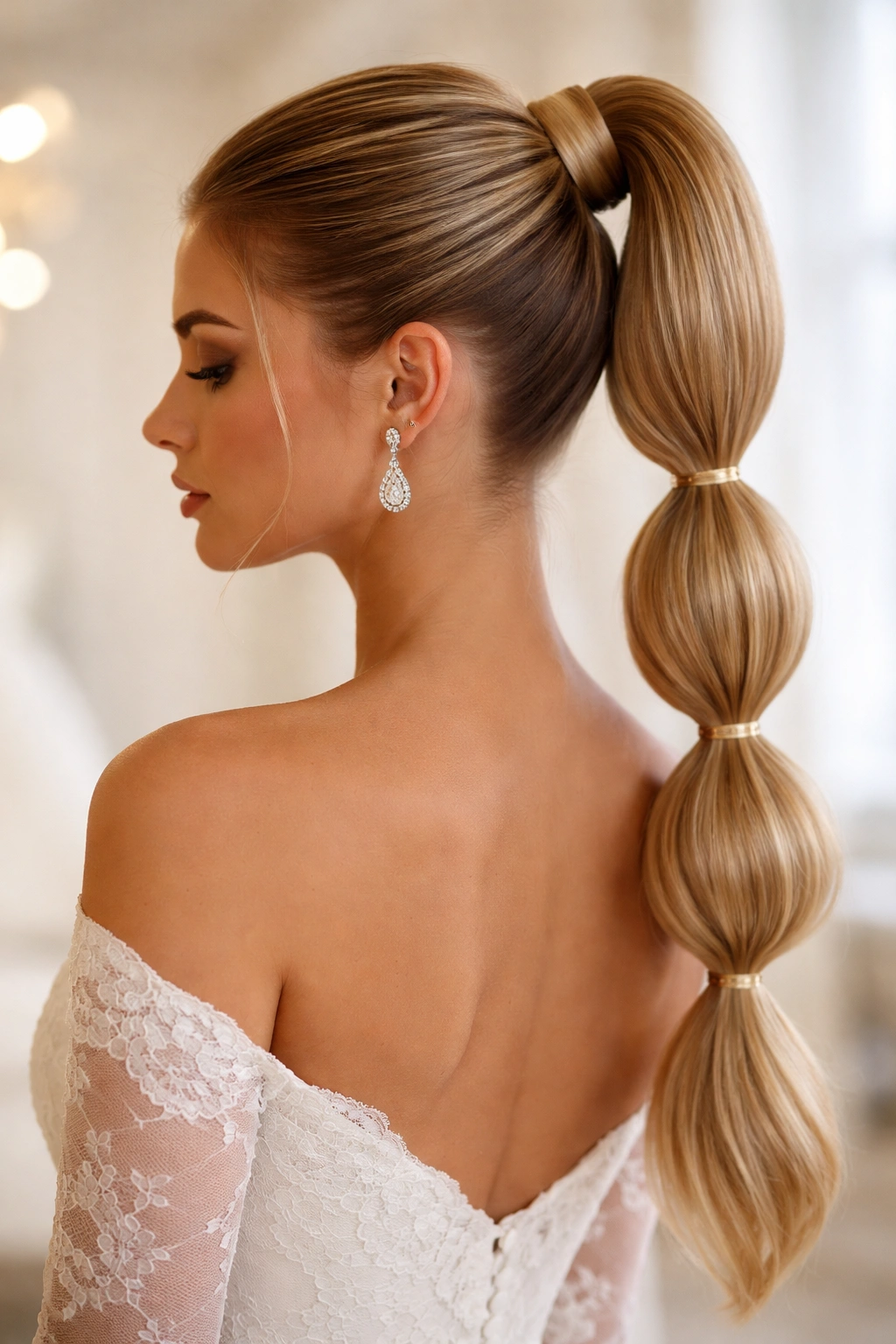 Bride with bubble high ponytail and polished sections in bridal studio.