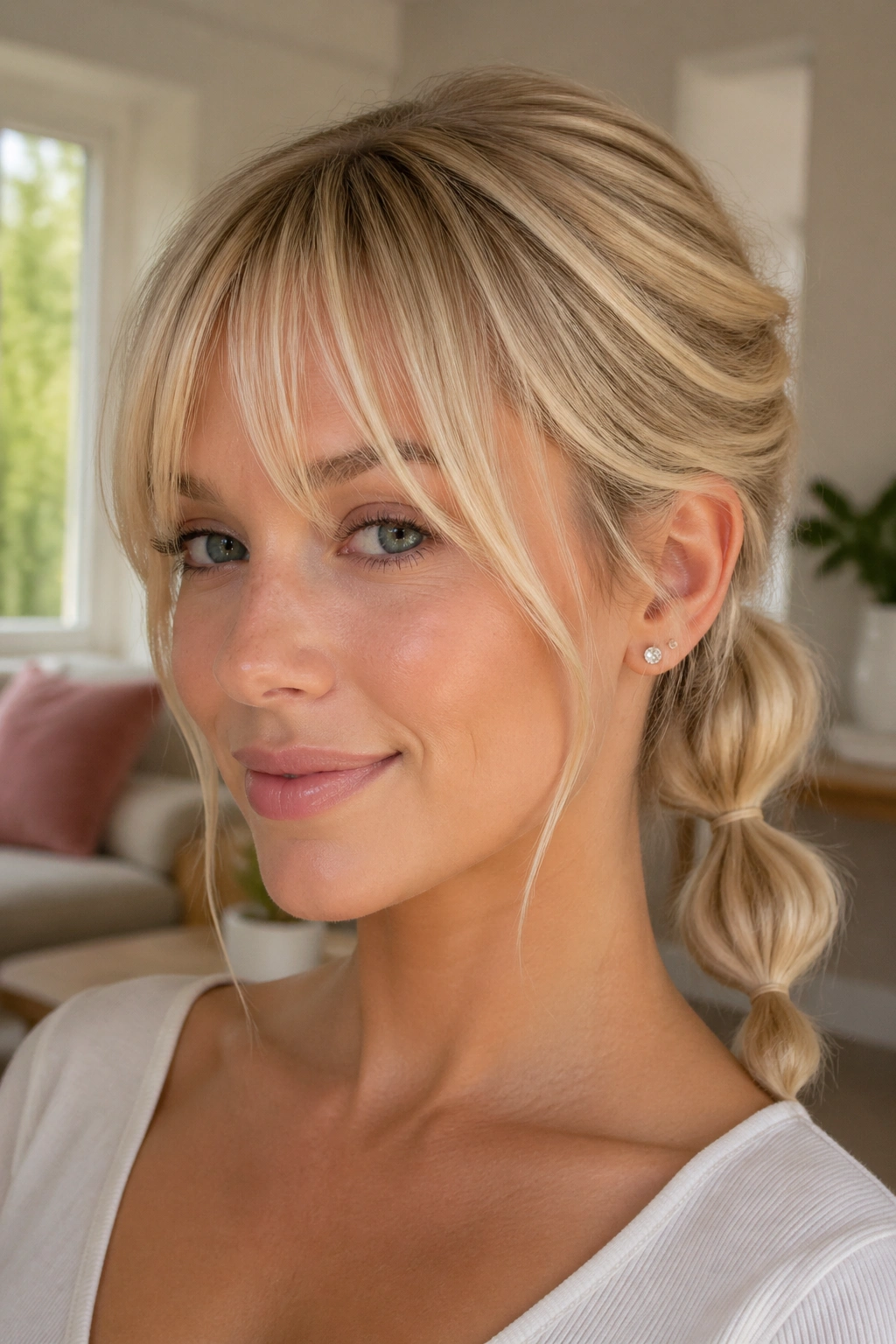 Close-up of a real woman with low bubble blonde ponytail and see-through bangs in sunlit living room