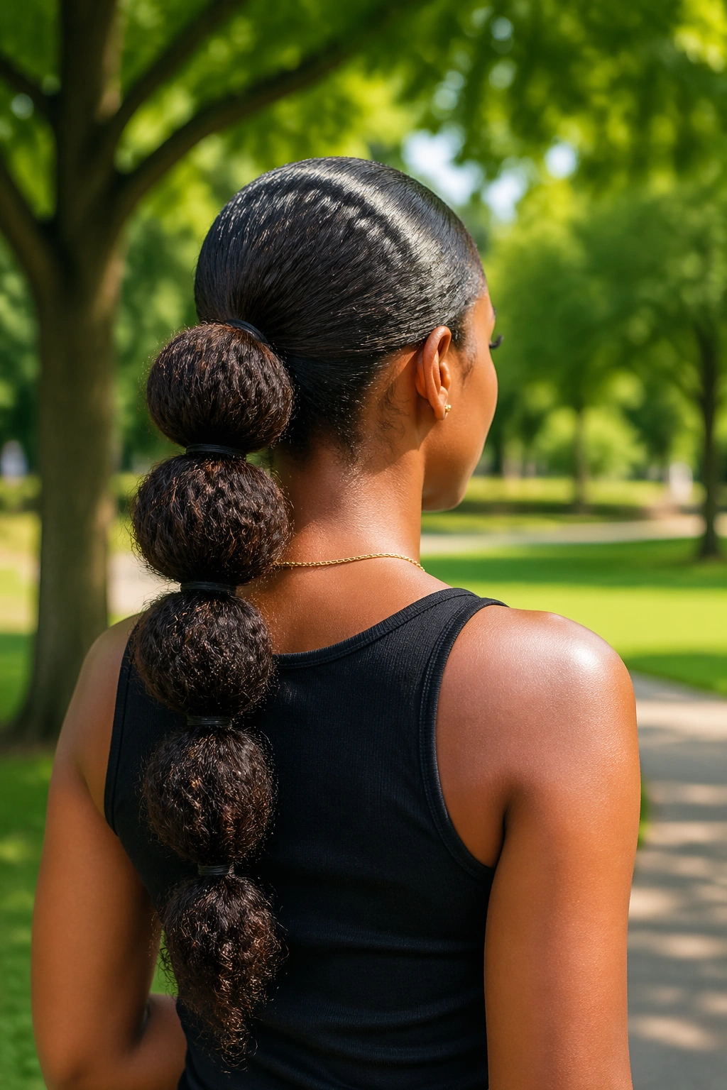 Back view of a Black woman with a bubble ponytail showing segmented curls in a park.