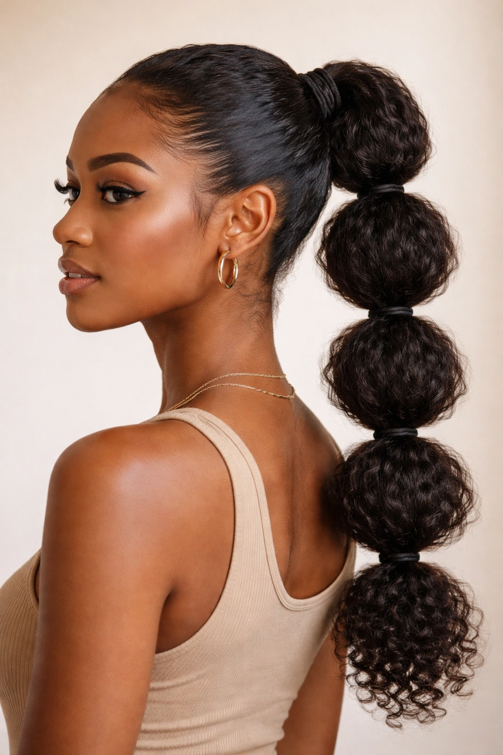 Mid-height ponytail with multiple bubble segments created by elastics.