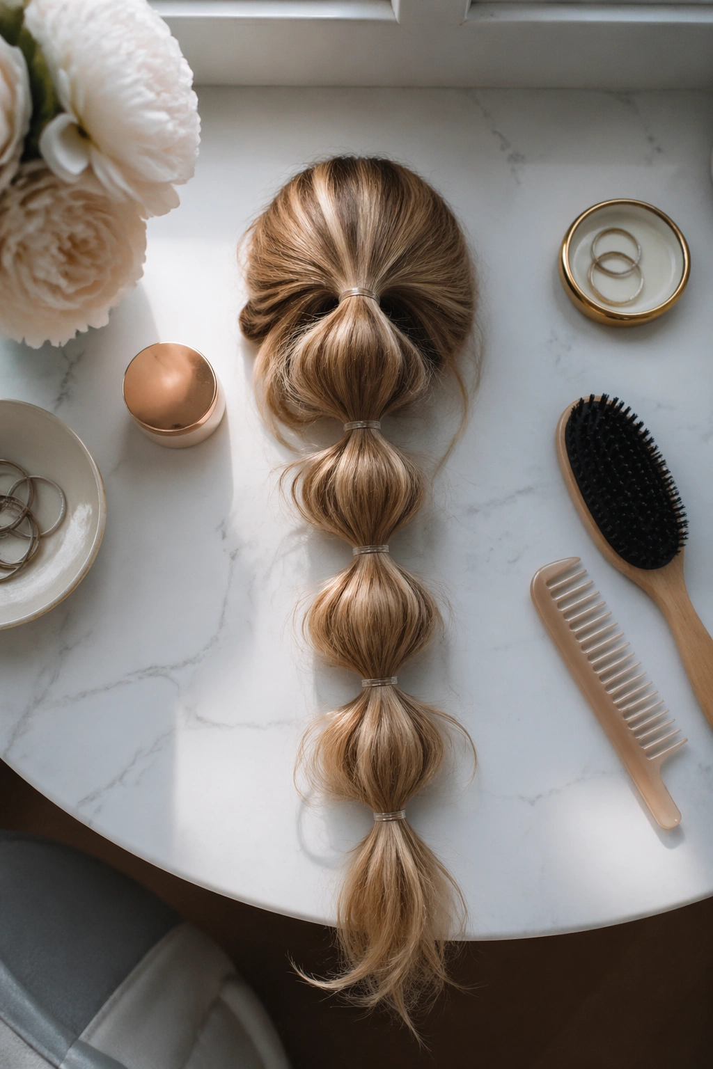 Flat-lay view of bubble ponytail styling tools and segmented ponytail