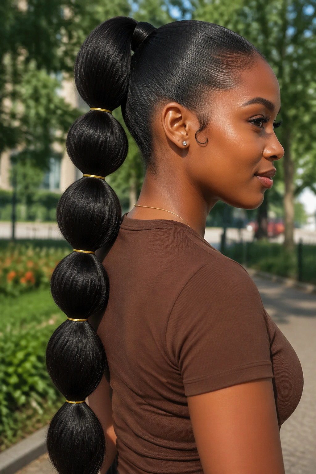 Close-up of a Black woman with a bubble ponytail segments long
