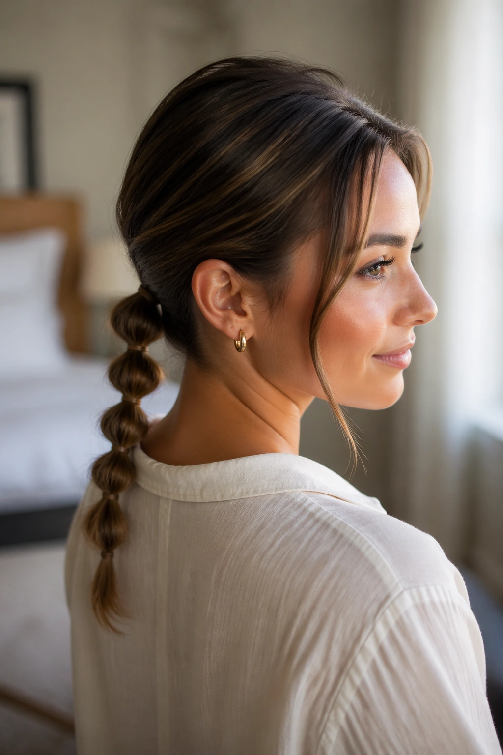 Close-up of a woman with a bubble ponytail on short hair in a softly lit bedroom