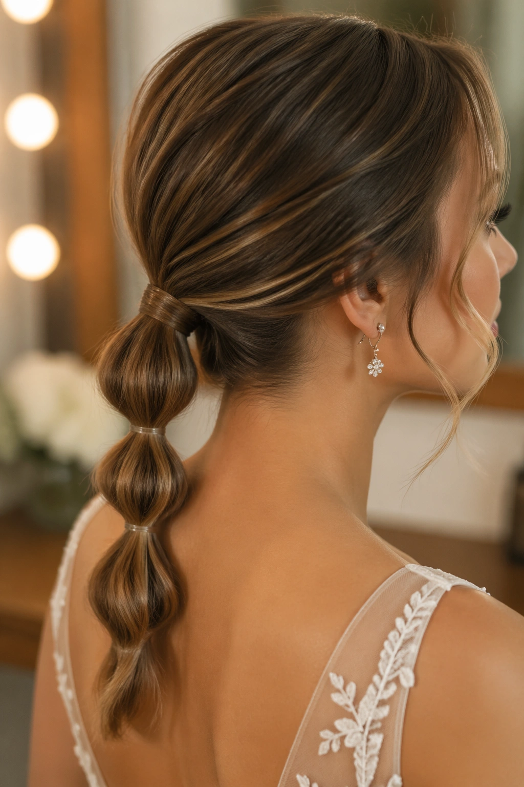 Bride with a bubble ponytail on a short lob