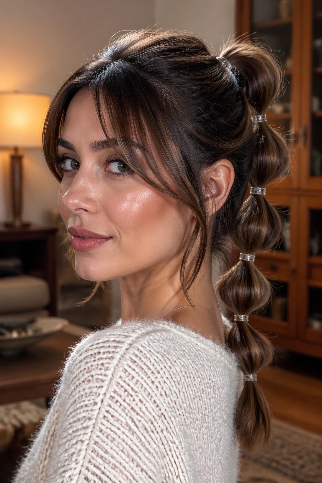 Real woman with bubble ponytail showing short length sections and curtain bangs in warm living room light.
