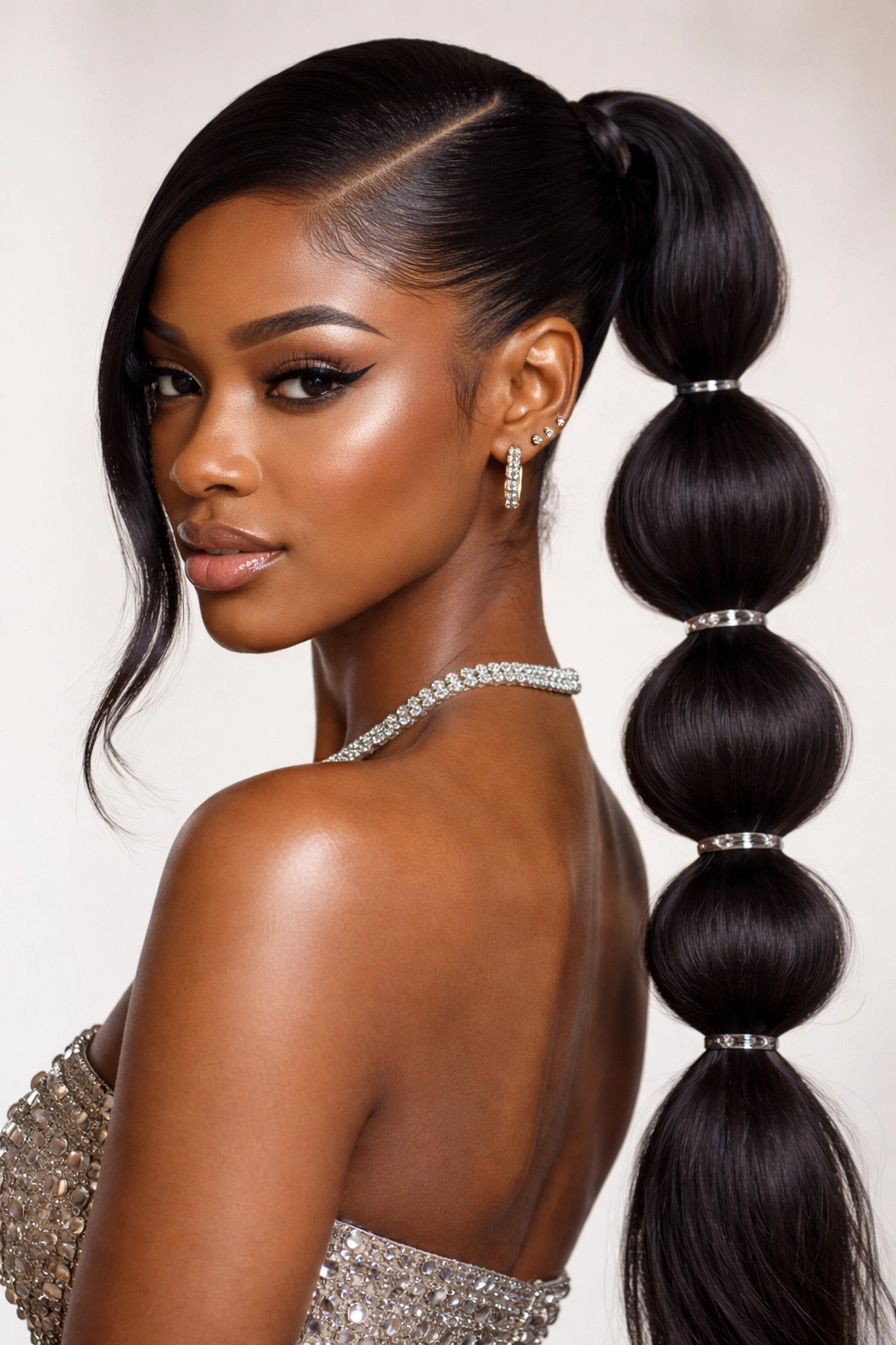 Bubble ponytail with uniform bubbles along a side-part hairstyle