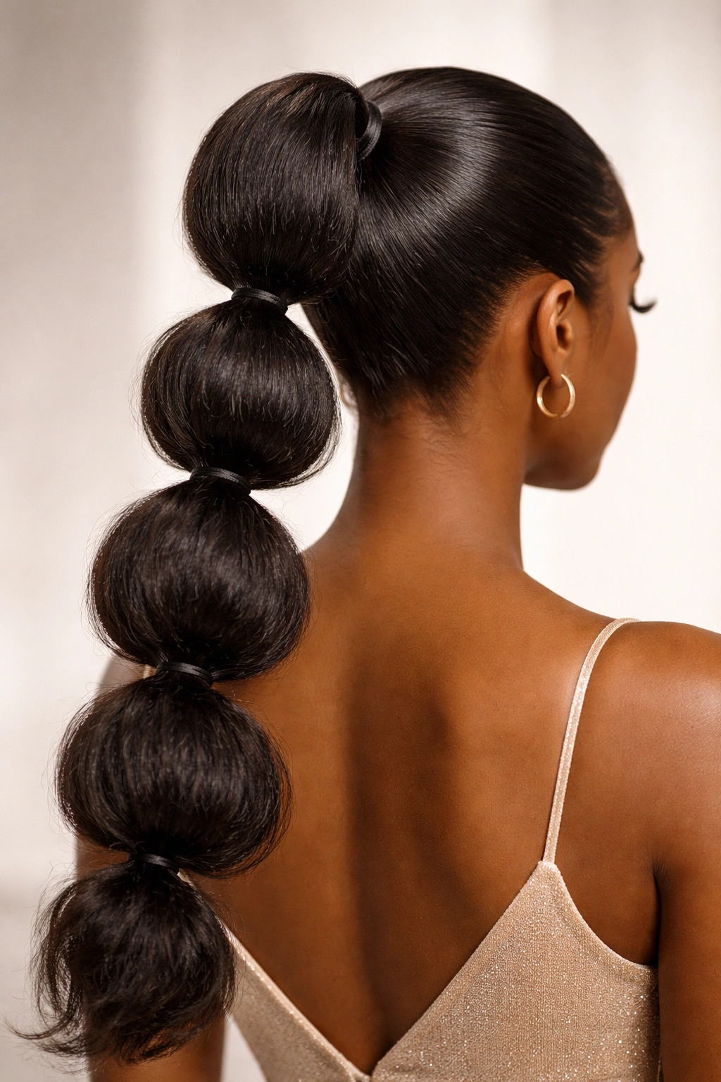 Rear view of a sleek high bubble ponytail on natural hair with glossy bubbles