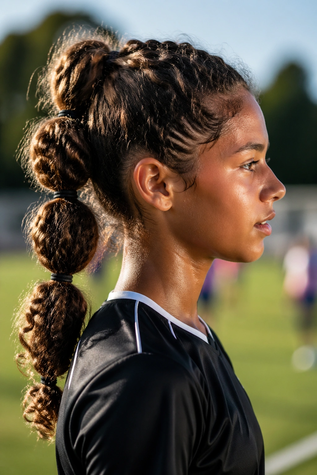 Close-up of a real soccer player with a bubble ponytail