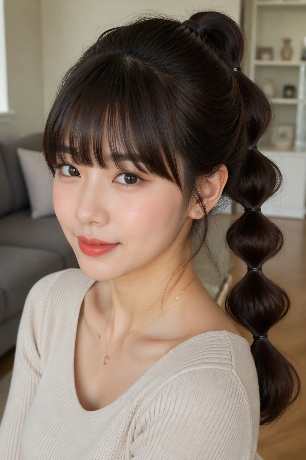 Woman with bubble ponytail and full straight bangs in a cozy living room.
