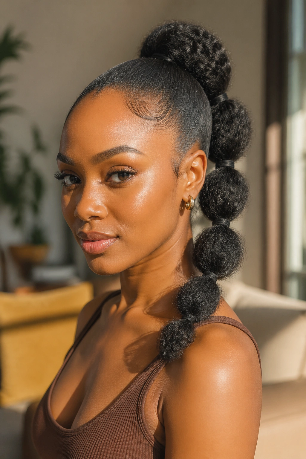 Real woman with a bubble ponytail on stretched curls.