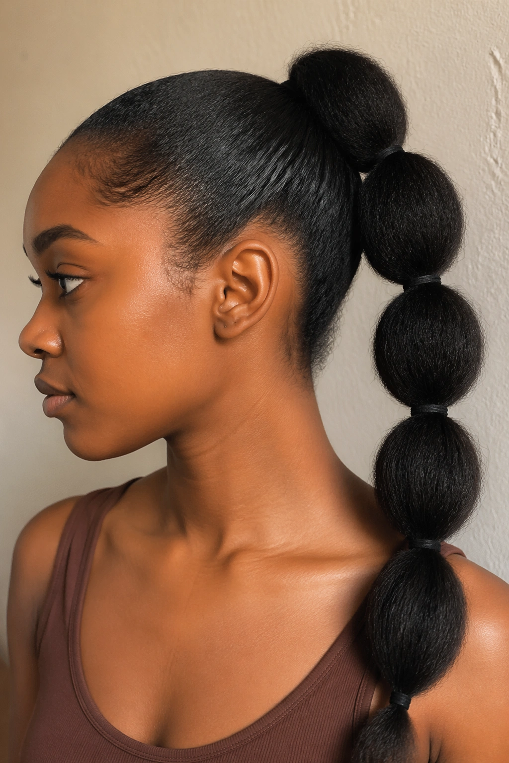 Portrait of a person with a bubble ponytail on stretched hair