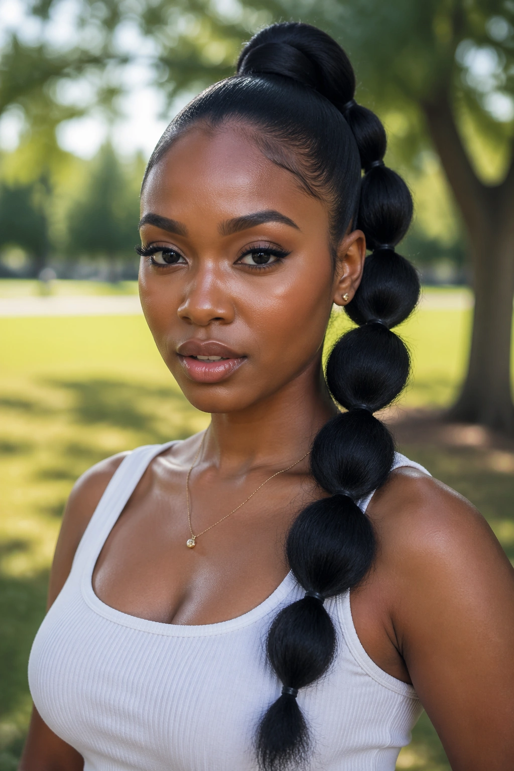 Close-up of a real woman with a bubble ponytail on stretched natural hair
