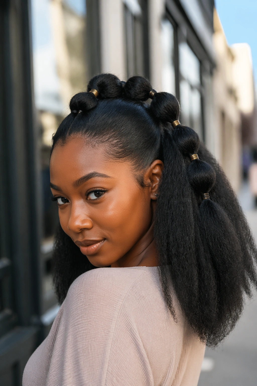 Close-up of a real Black woman with bubble half up ponytail on stretched natural hair