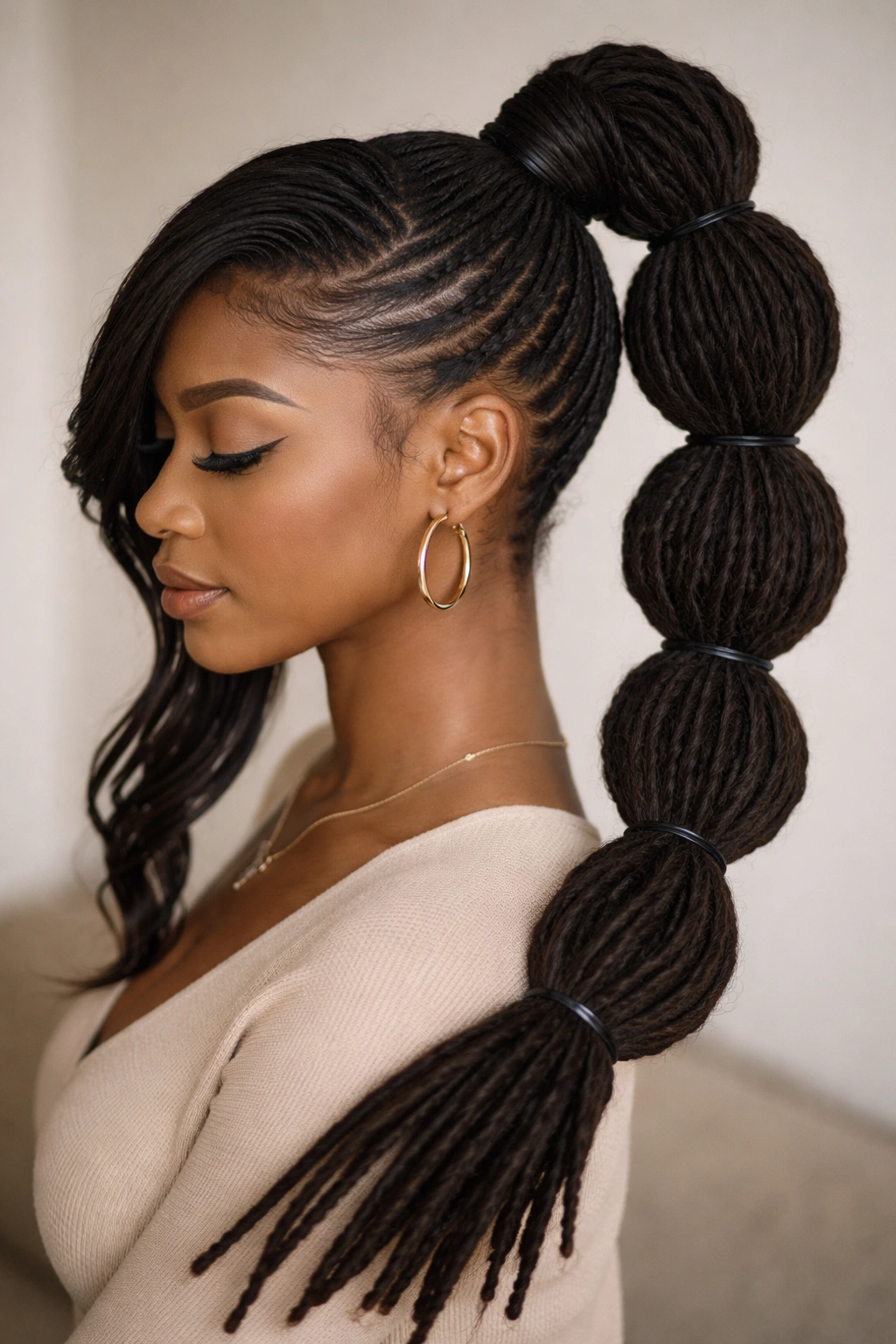 Bubble ponytail with swooped locs and segmented sections