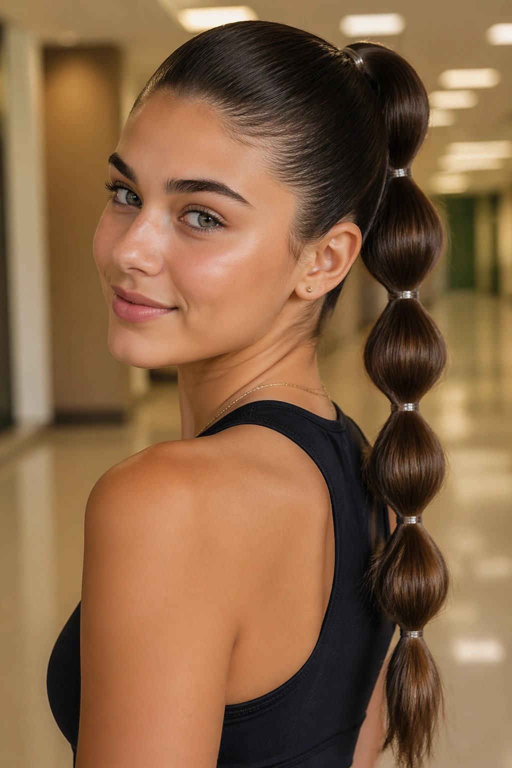 Teen with sleek bubble ponytail in a hallway light