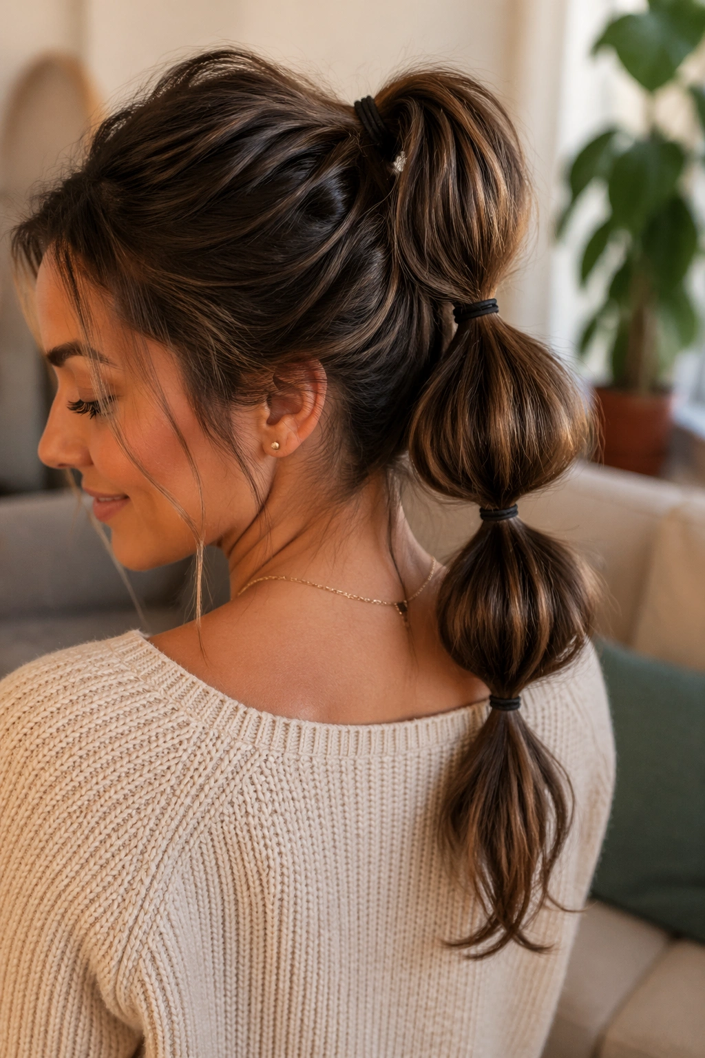 Close-up of a real woman with bubble ponytail and soft gaps between sections