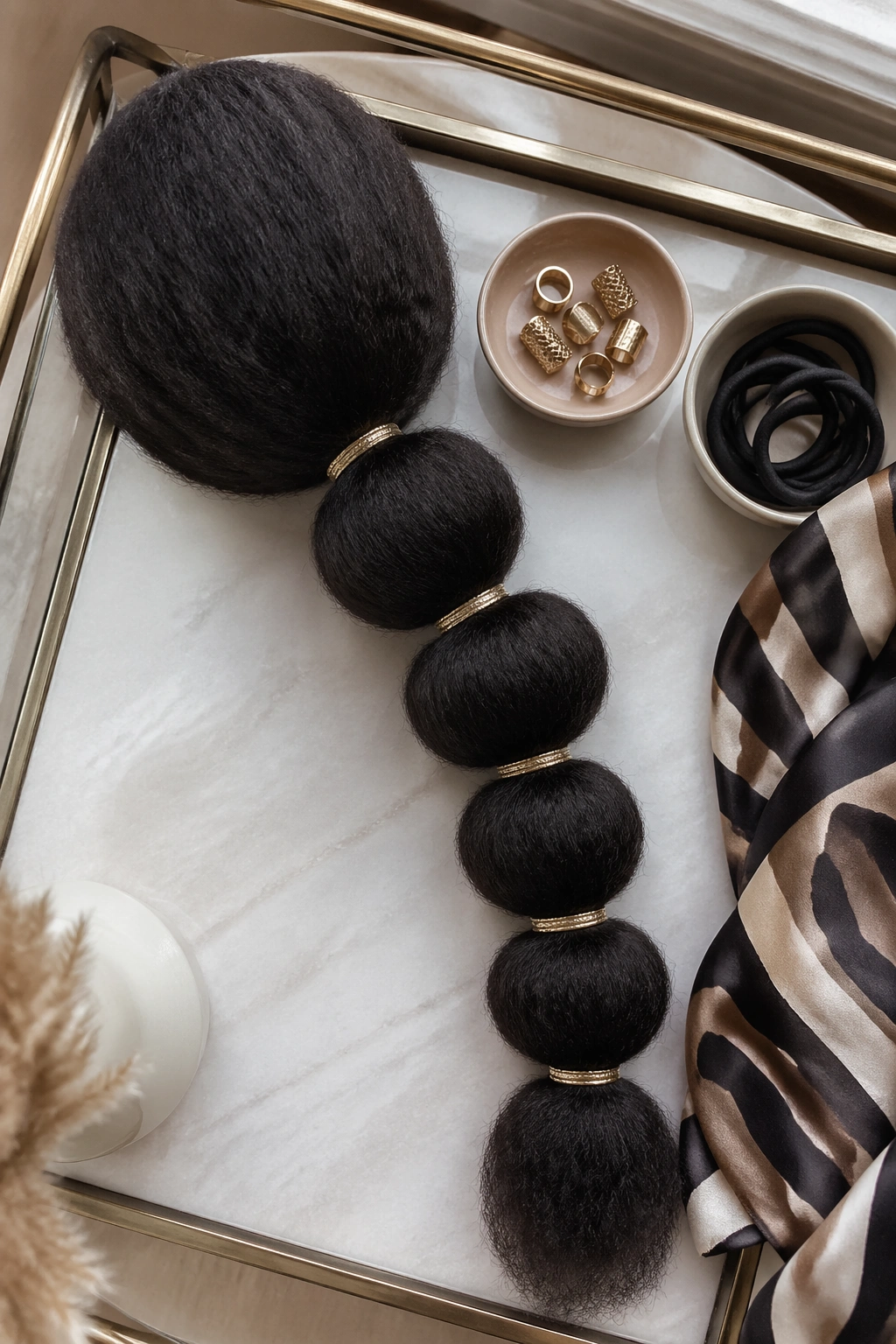 Overhead flat-lay of bubble ponytail accessories and hair