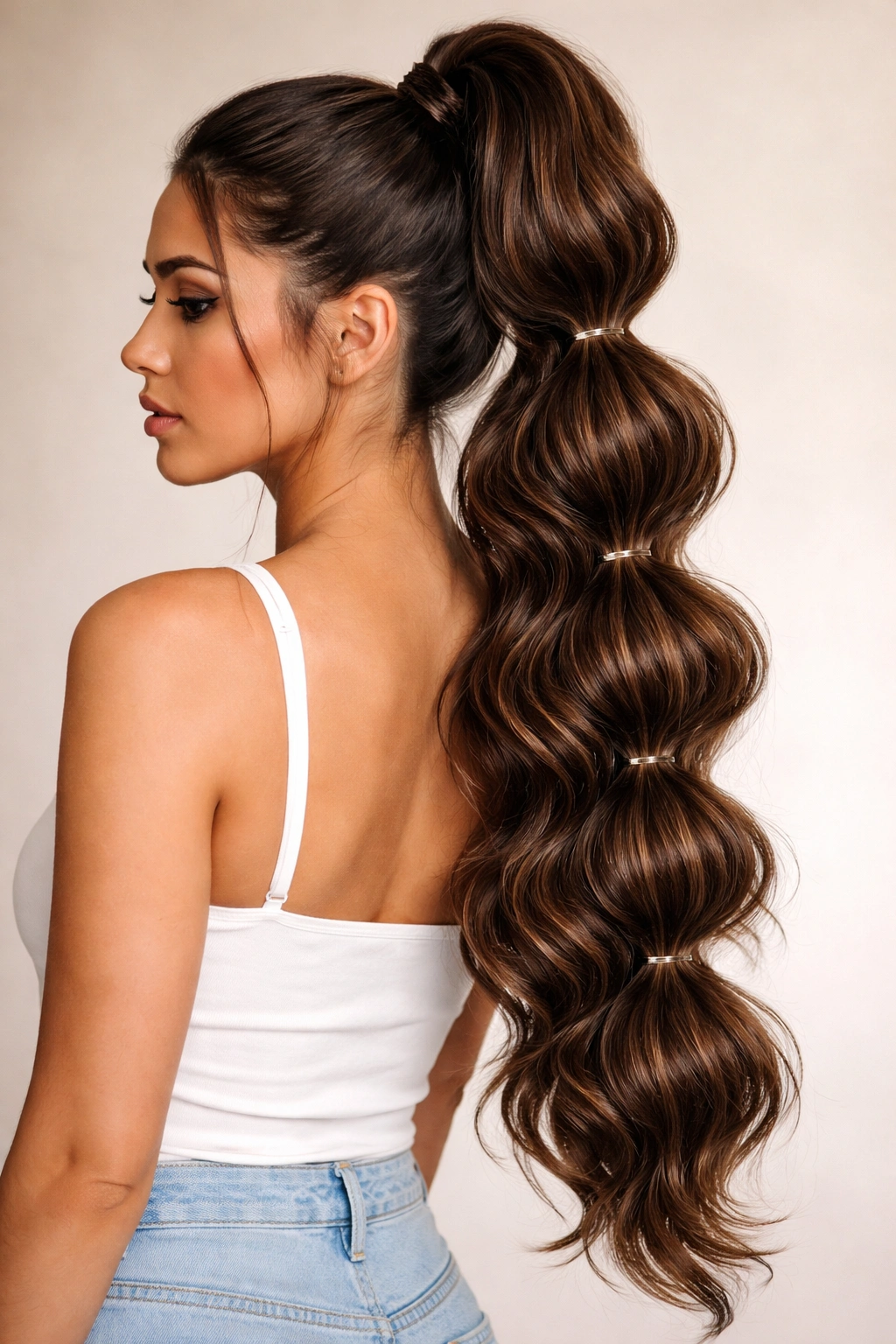 Bubble weave ponytail showing elastic bubbles and soft texture