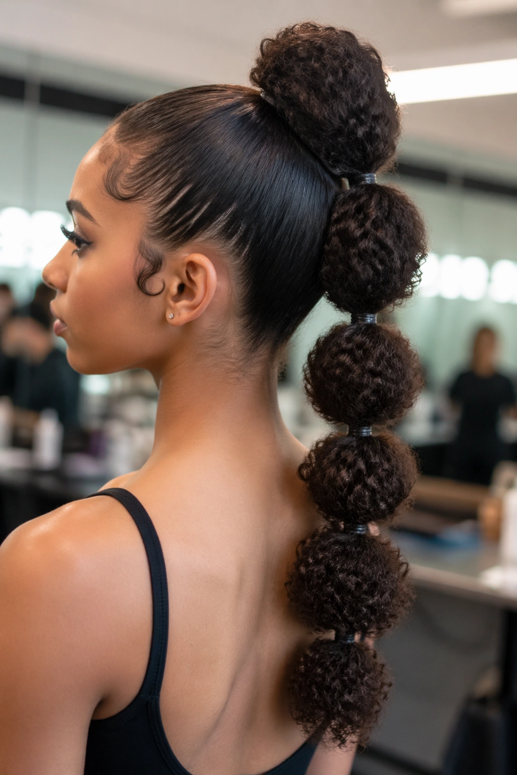 Close-up of a real dancer with a bubble ponytail on thick curls