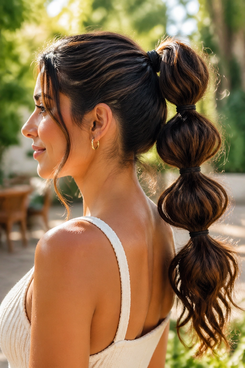 Side view of a bubble ponytail with evenly spaced elastic bubbles.