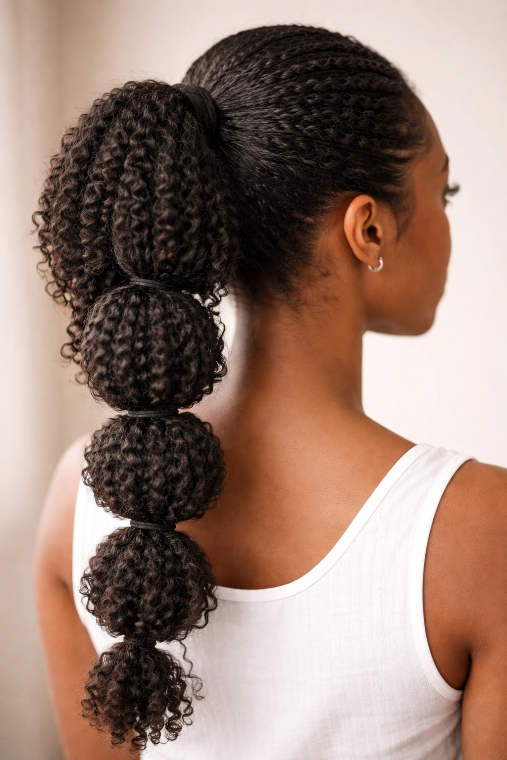 Bubble ponytail on twist-out hair with defined and plush bubbles.