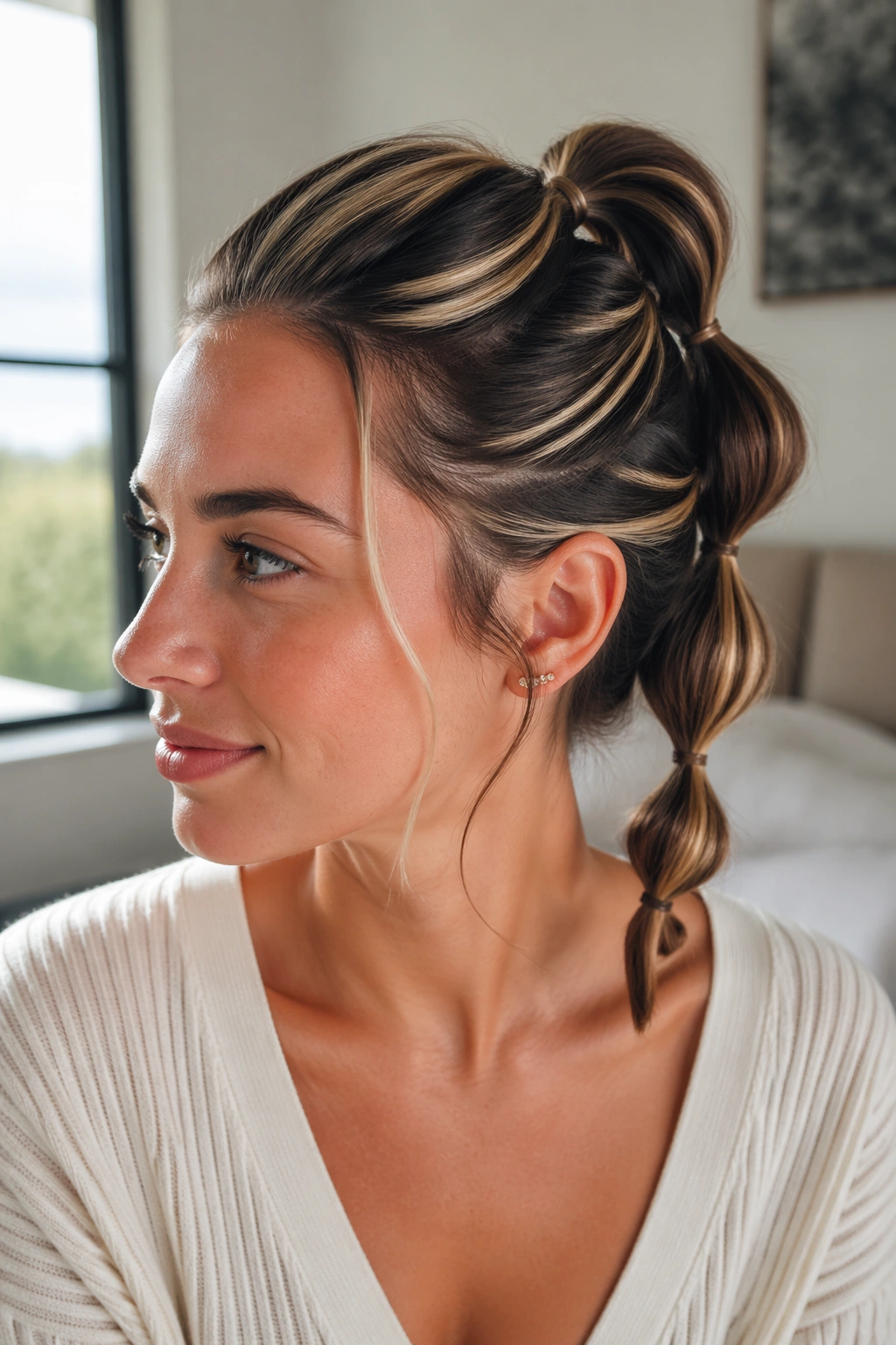 Close-up of a real person with a twisted-end bubble ponytail in a bright room