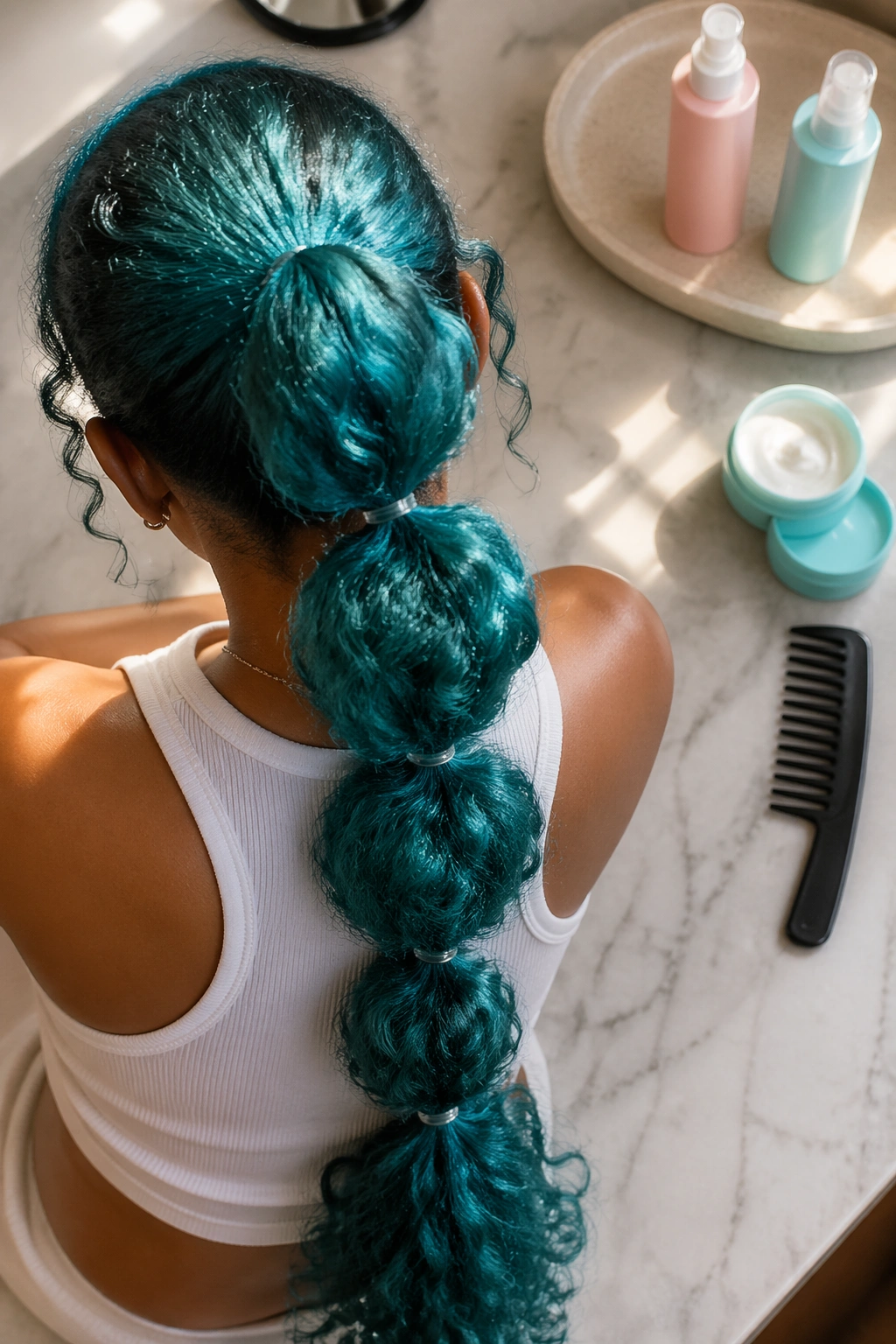 Teal bubble ponytail flat-lay with styling products