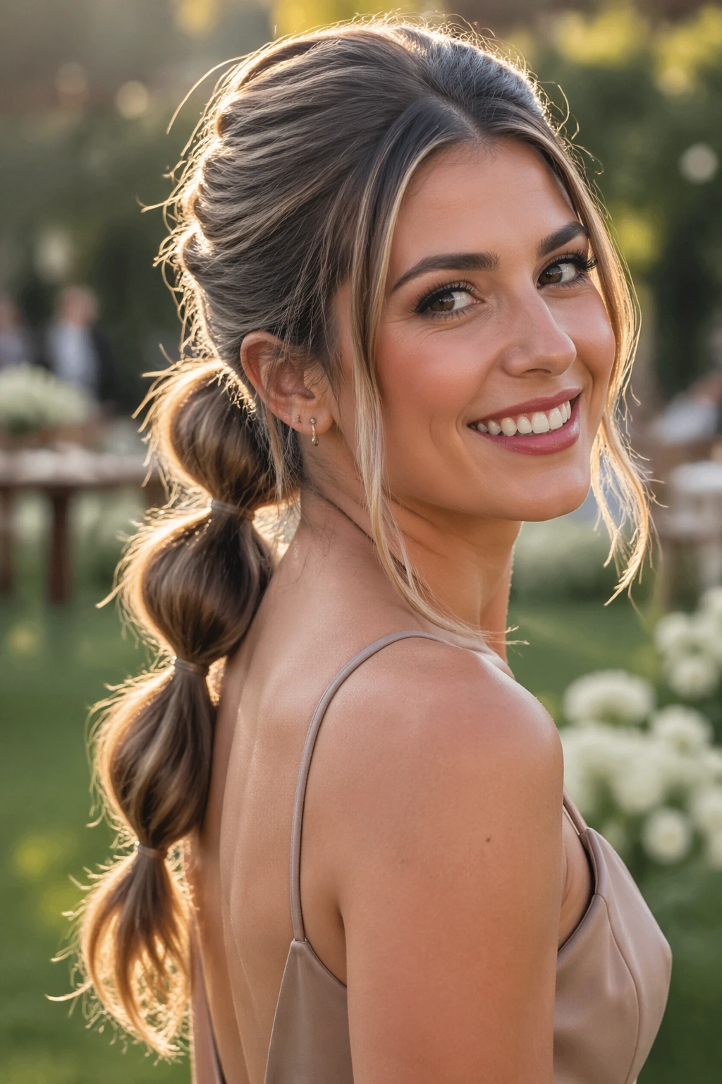 Close-up of a real woman with a bubble ponytail and soft volume in an outdoor garden setting.