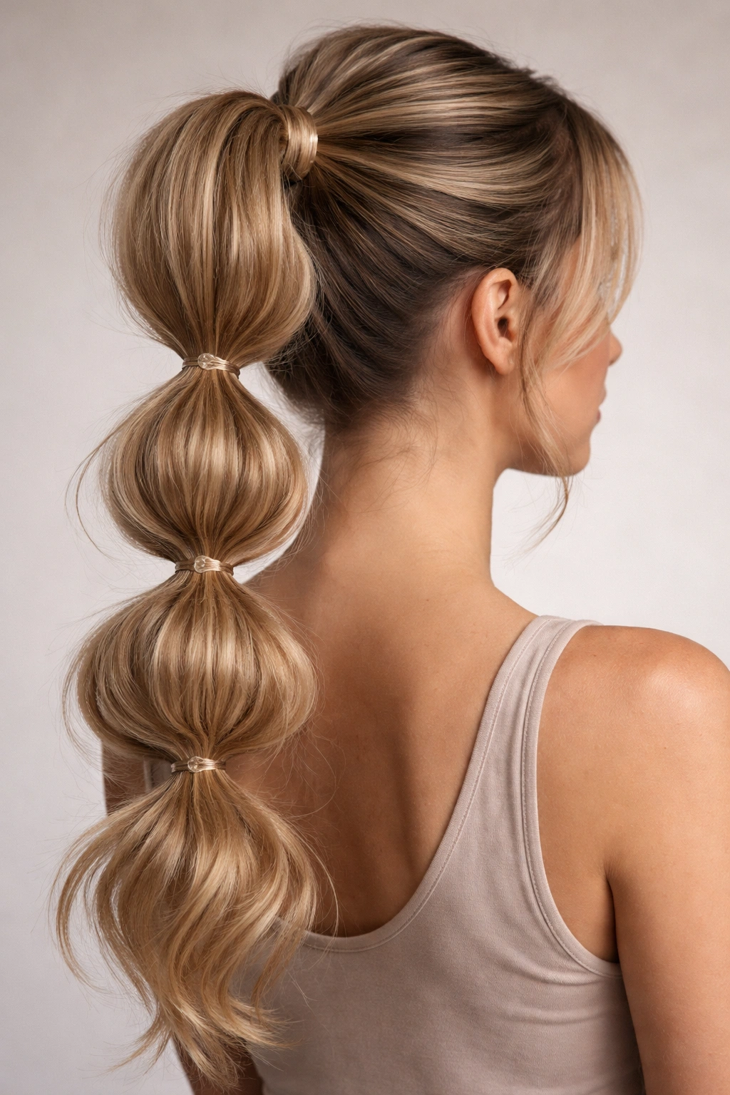 High ponytail with evenly spaced bubble sections along the length