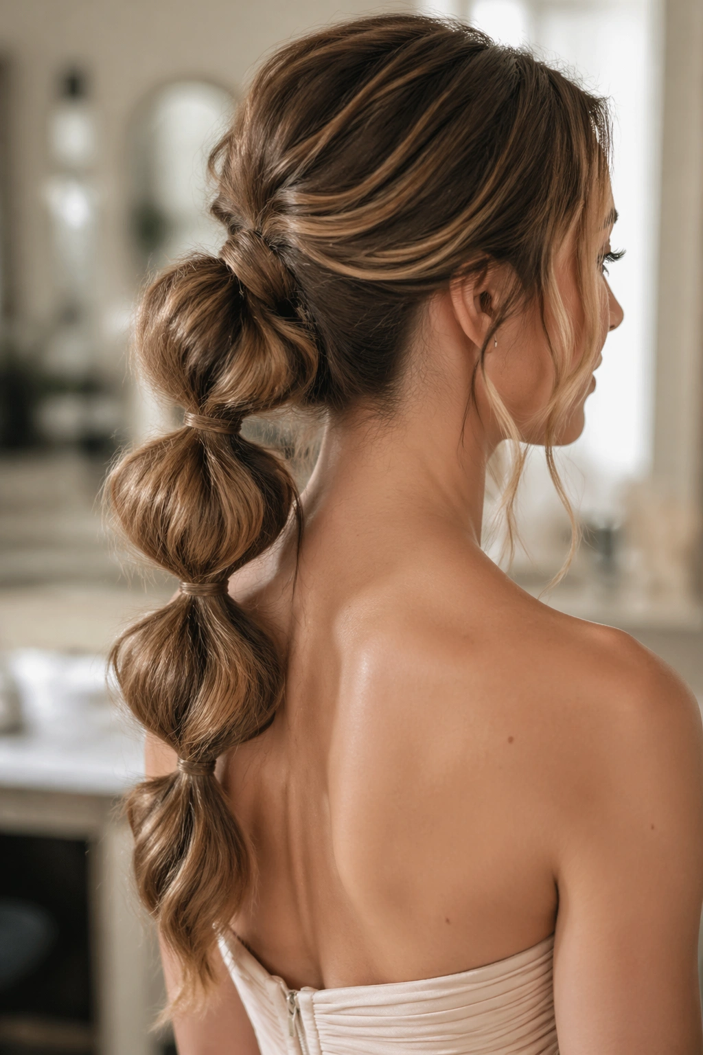 Real woman with bubble ponytail and wave texture in bridal prep setting