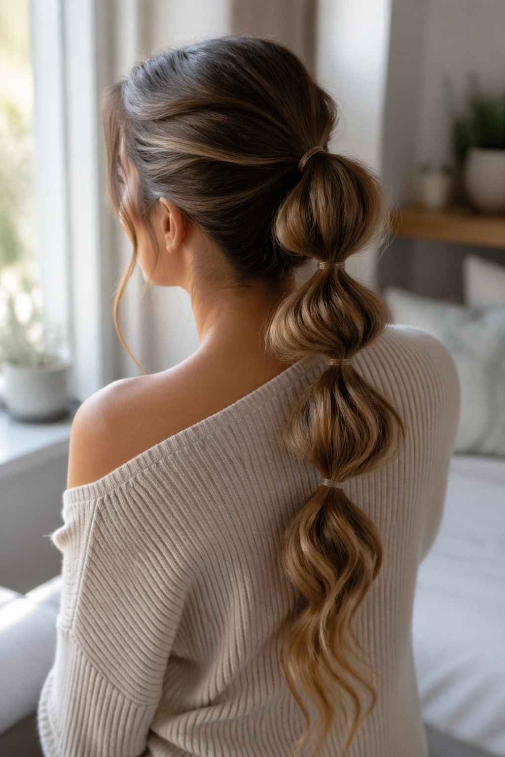 Back view of a woman with bubble ponytail showing elastic bubbles along a wavy length.