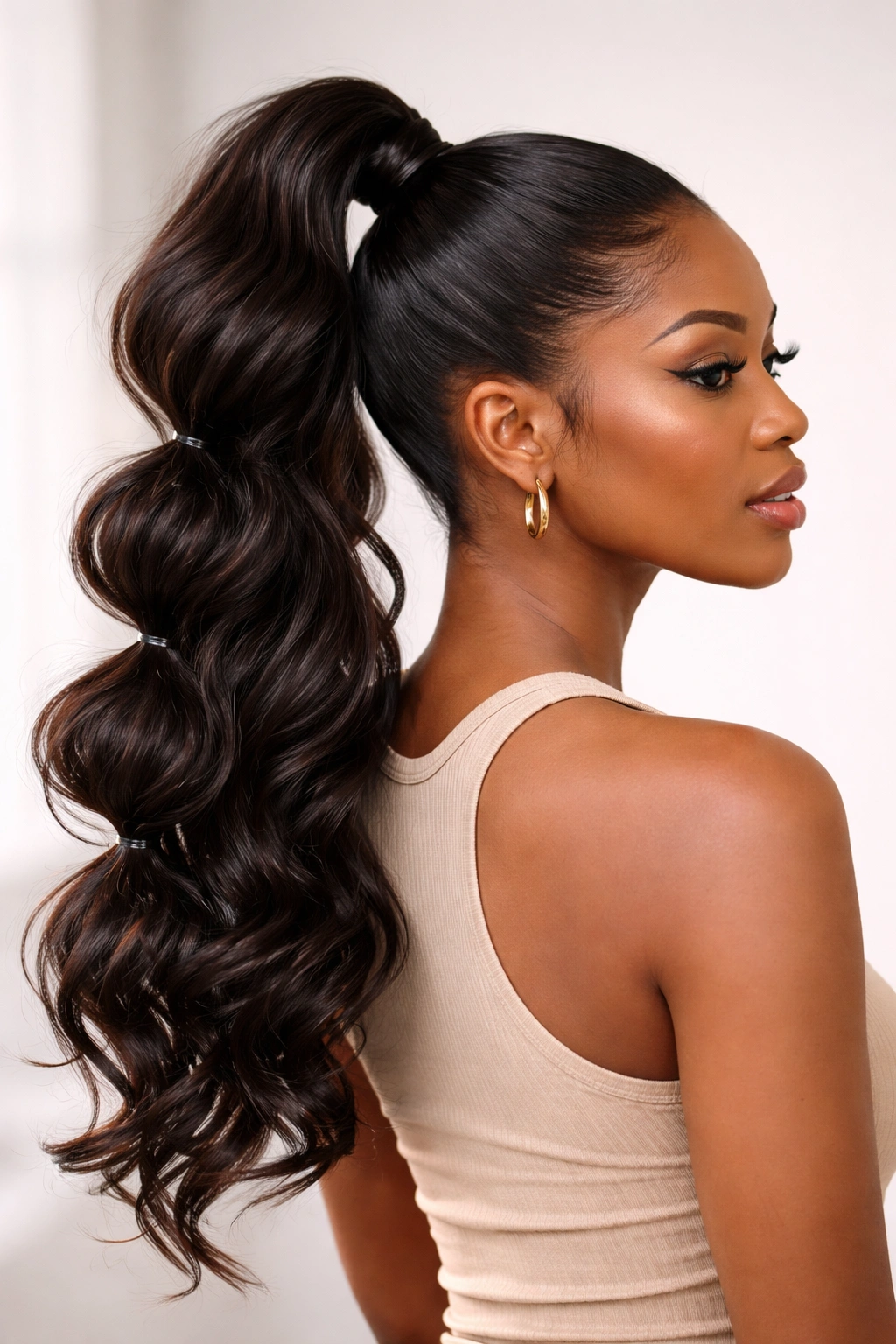 Bubble high ponytail with wavy sections and distinct bubble segments