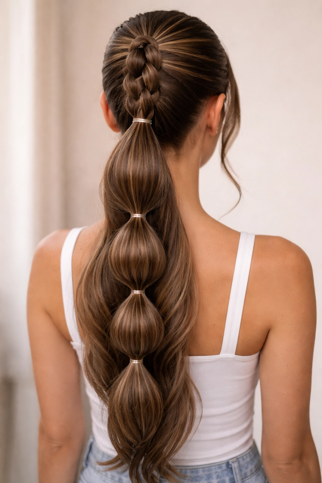 Ponytail with bubble sections created by evenly spaced elastics along the length