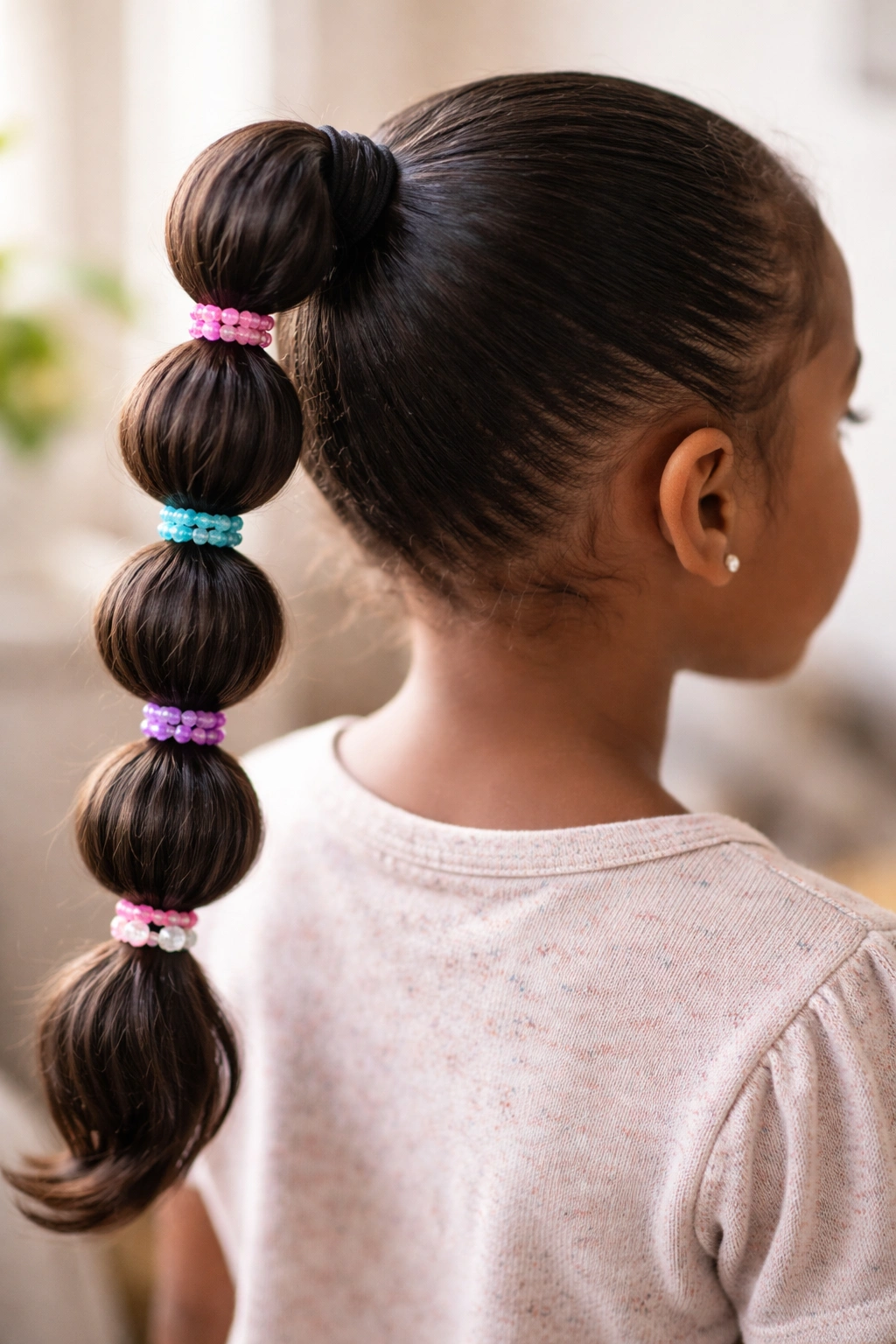 Close up of a bubble weave ponytail with rounded bubbles formed by elastic ties