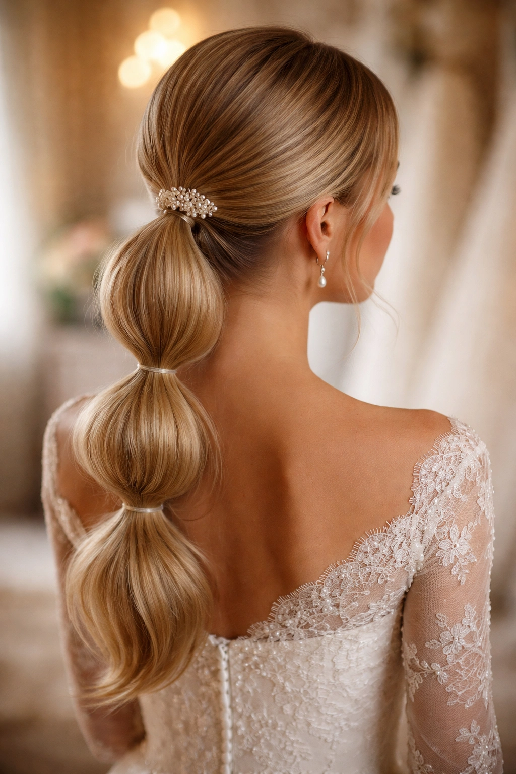 Polished bubble low ponytail with pearl accent, bridal setting
