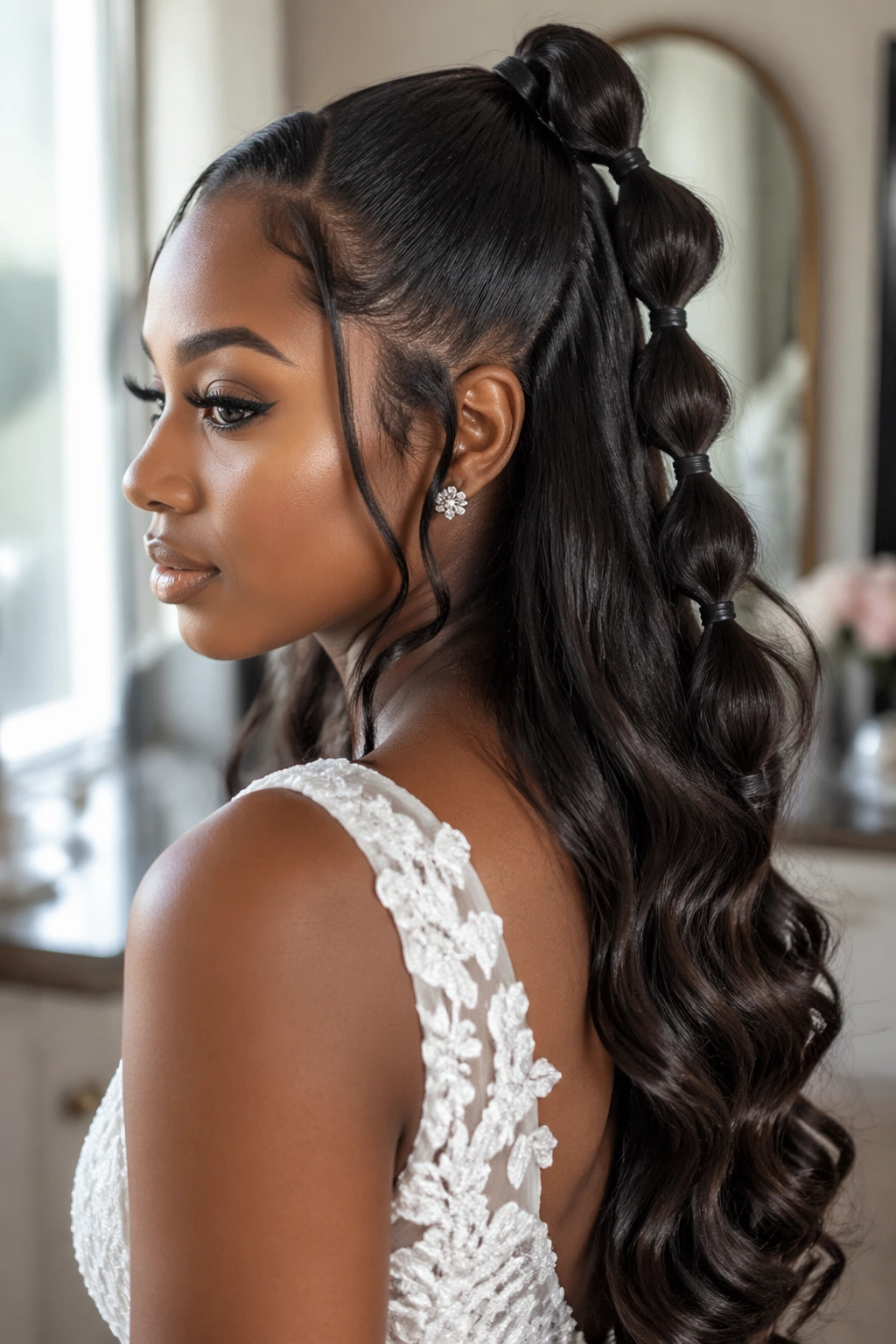 Close-up of bride with bubble ponytail half up half down hairstyle, with evenly spaced bubbles and soft waves