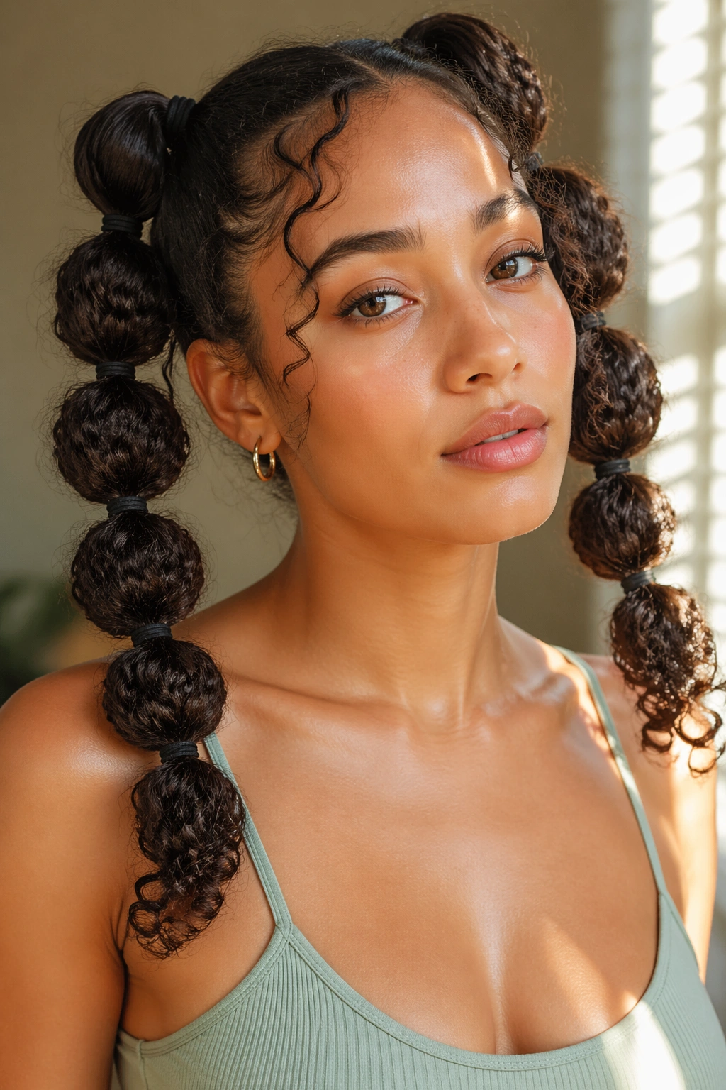 Real woman with bubble double ponytails showing extra shape