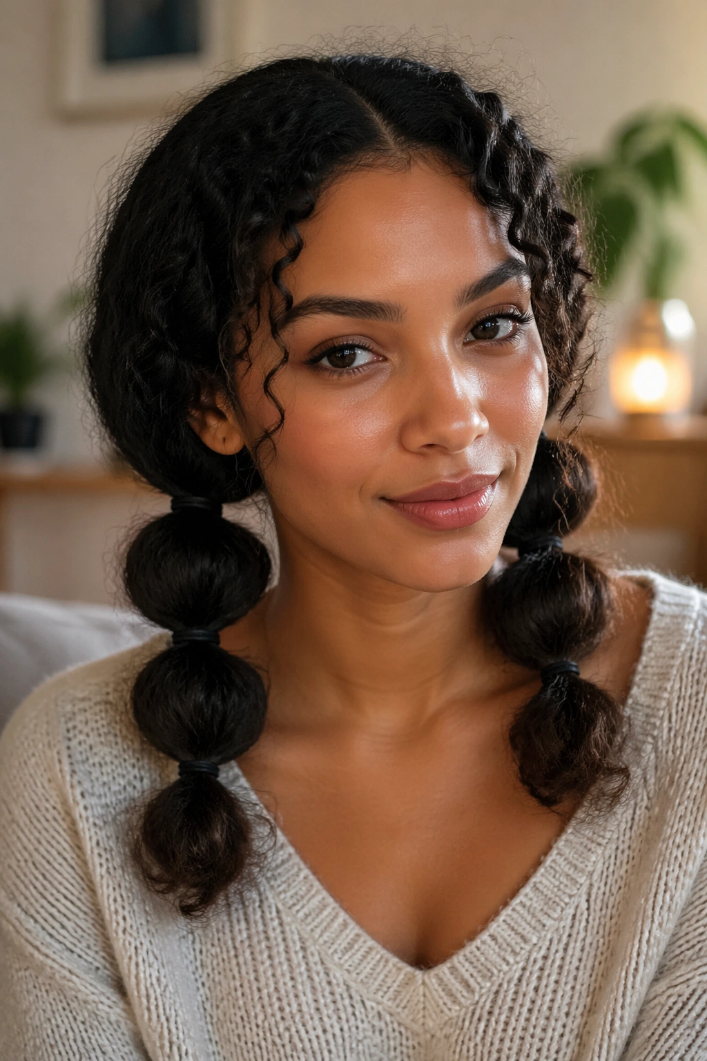 Close-up of a real woman with low bubble double ponytails at the nape