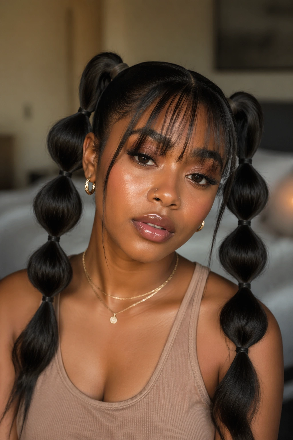 Close-up of a real woman with bubble twin ponytails and wispy bangs in a sunlit bedroom