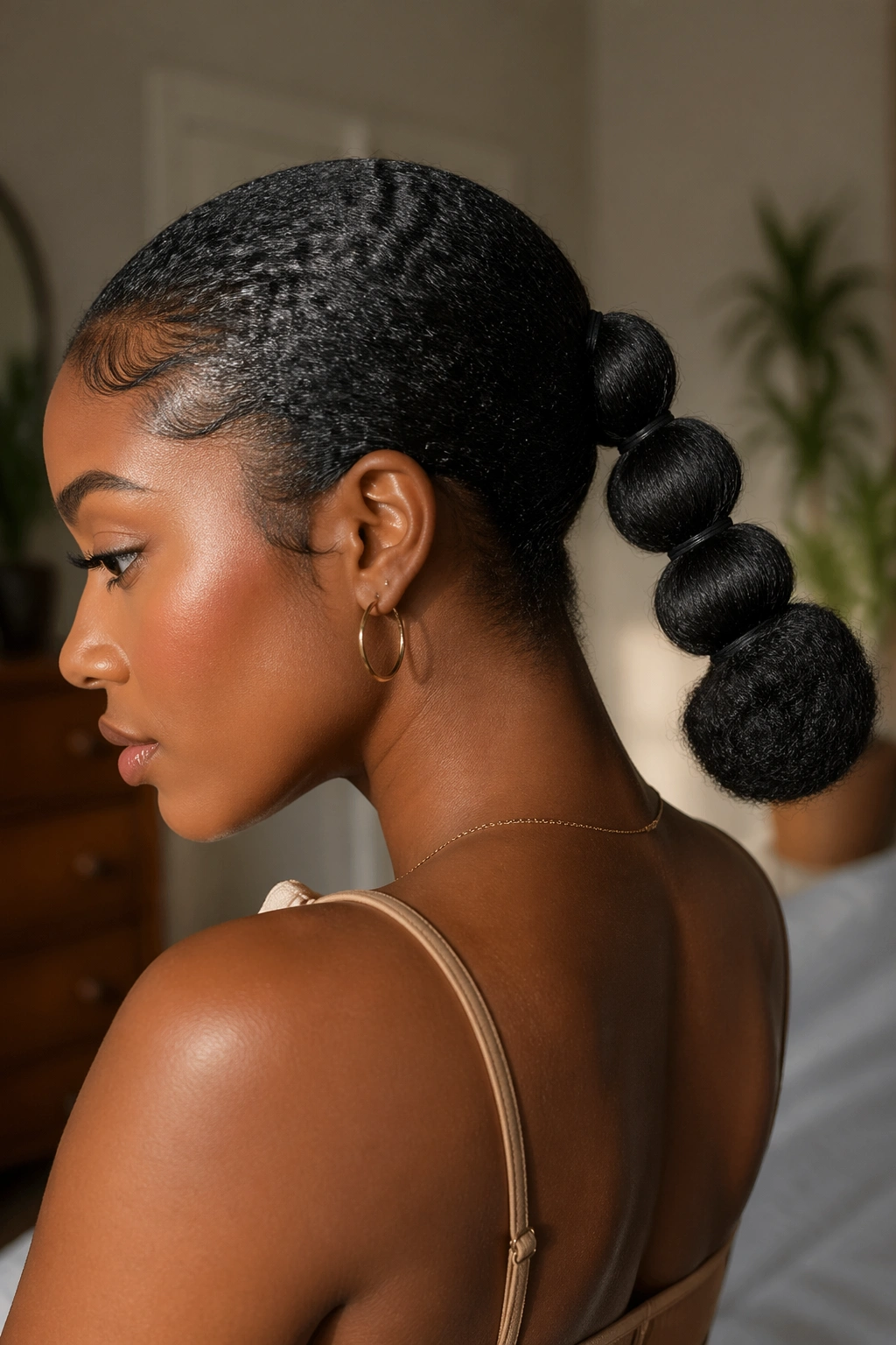 Close-up of a real woman with bubble-section low bun and defined bubble segments